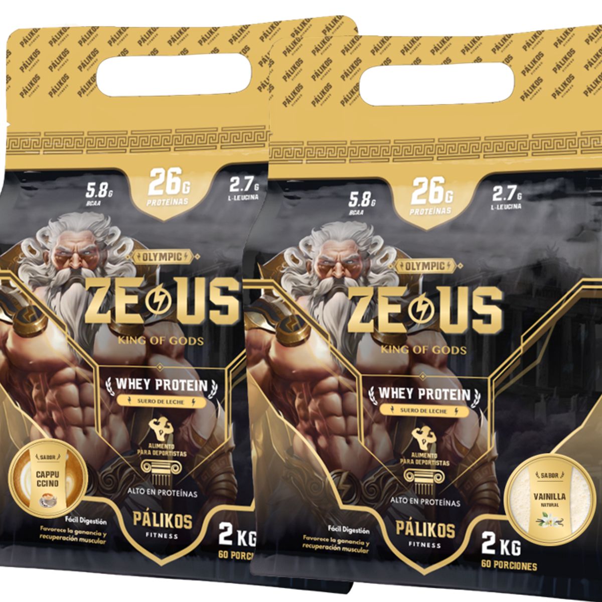 PALIKOS FITNESS - 100% Whey Protein - 2 x Doypack de 2kg (Cappuccino y Vainilla)