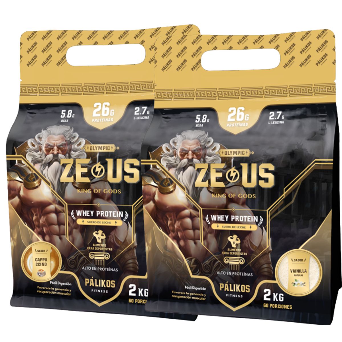 PALIKOS FITNESS - 100% Whey Protein - 2 x Doypack de 2kg (Cappuccino y Vainilla)