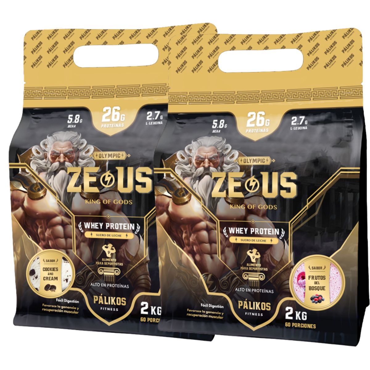 PALIKOS FITNESS - 100% Whey Protein - 2 x Doypack de 2kg (Cookies y Frutos del bosque)