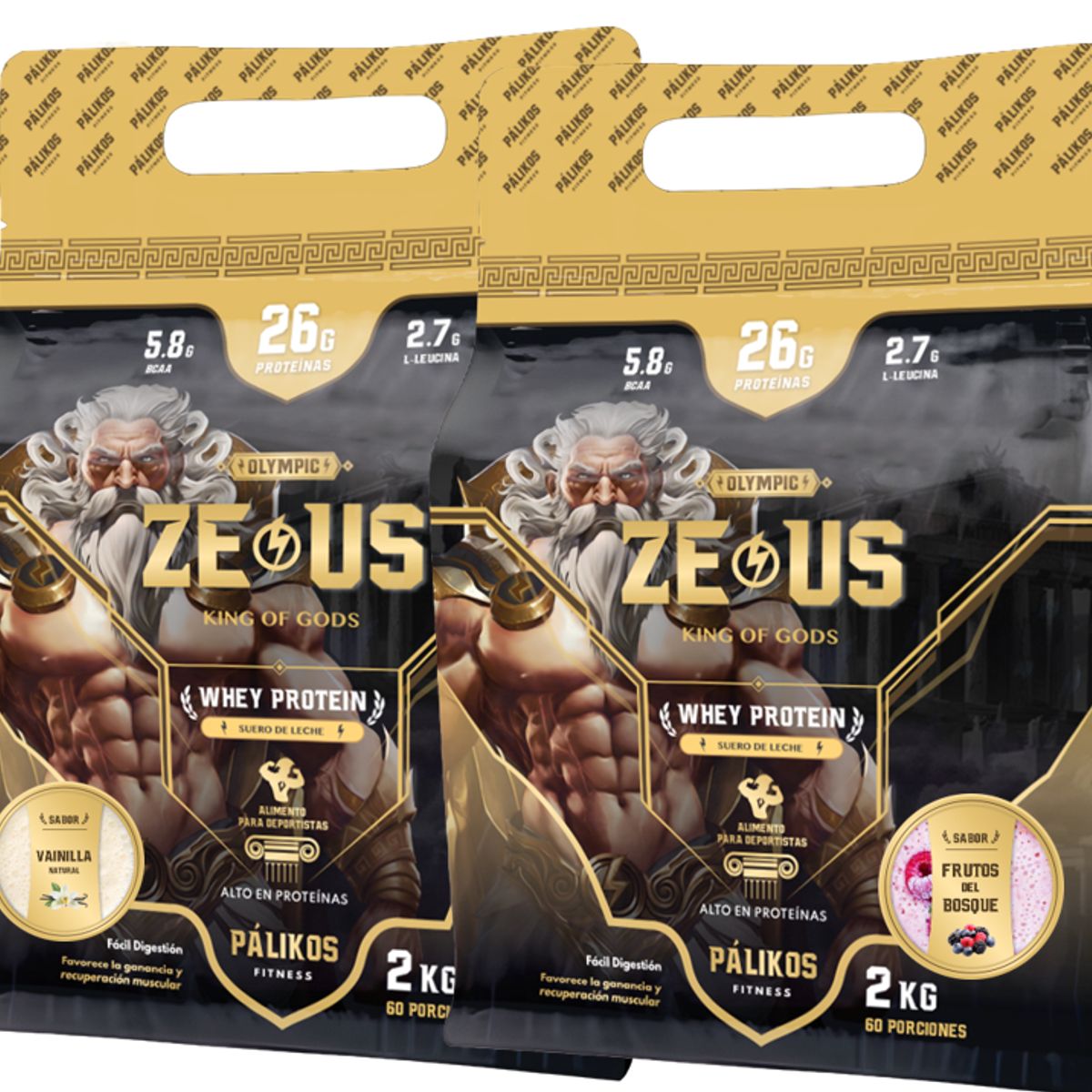 PALIKOS FITNESS - 100% Whey Protein - 2 x Doypack de 2kg (Vainilla y Frutos del bosque)