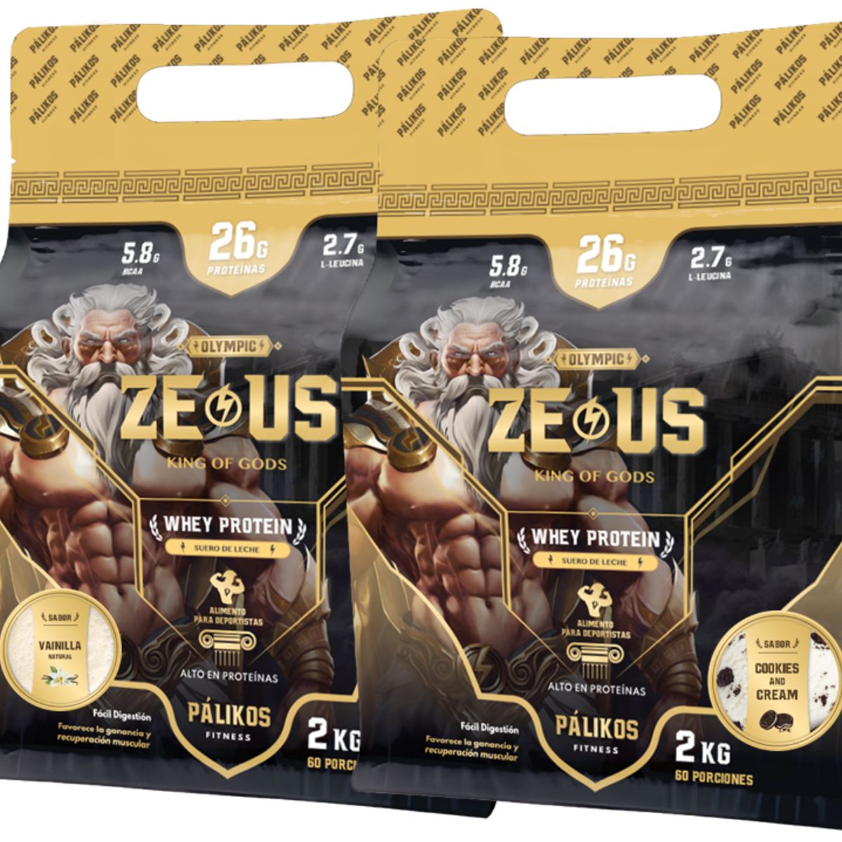 PALIKOS FITNESS - 100% Whey Protein - 2 x Doypack de 2kg (Cookies and Creams y Vainilla)