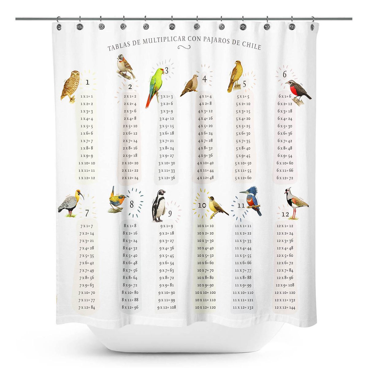ANDES1 - Cortina de baño Tablas de multiplicar con Pájaros chilenos