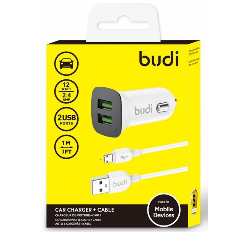 BUDI - Cargador de auto Budi con 2 puertos y cable de 1M