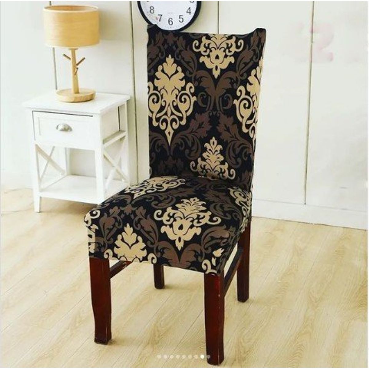 GENERICO - FUNDA ELASTICADA PARA SILLA CON DISEÑO BEIGE NEGRO SET DE 4 WYM