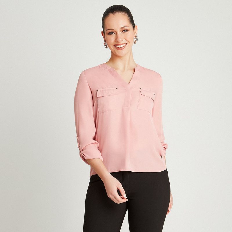LORENZO DI PONTTI - Blusa Rosa Manga Larga Cuello Mao LORENZO DI PONTTI