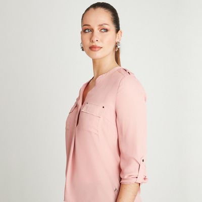 Imagen 2 del producto Blusa Rosa Manga Larga Cuello Mao
