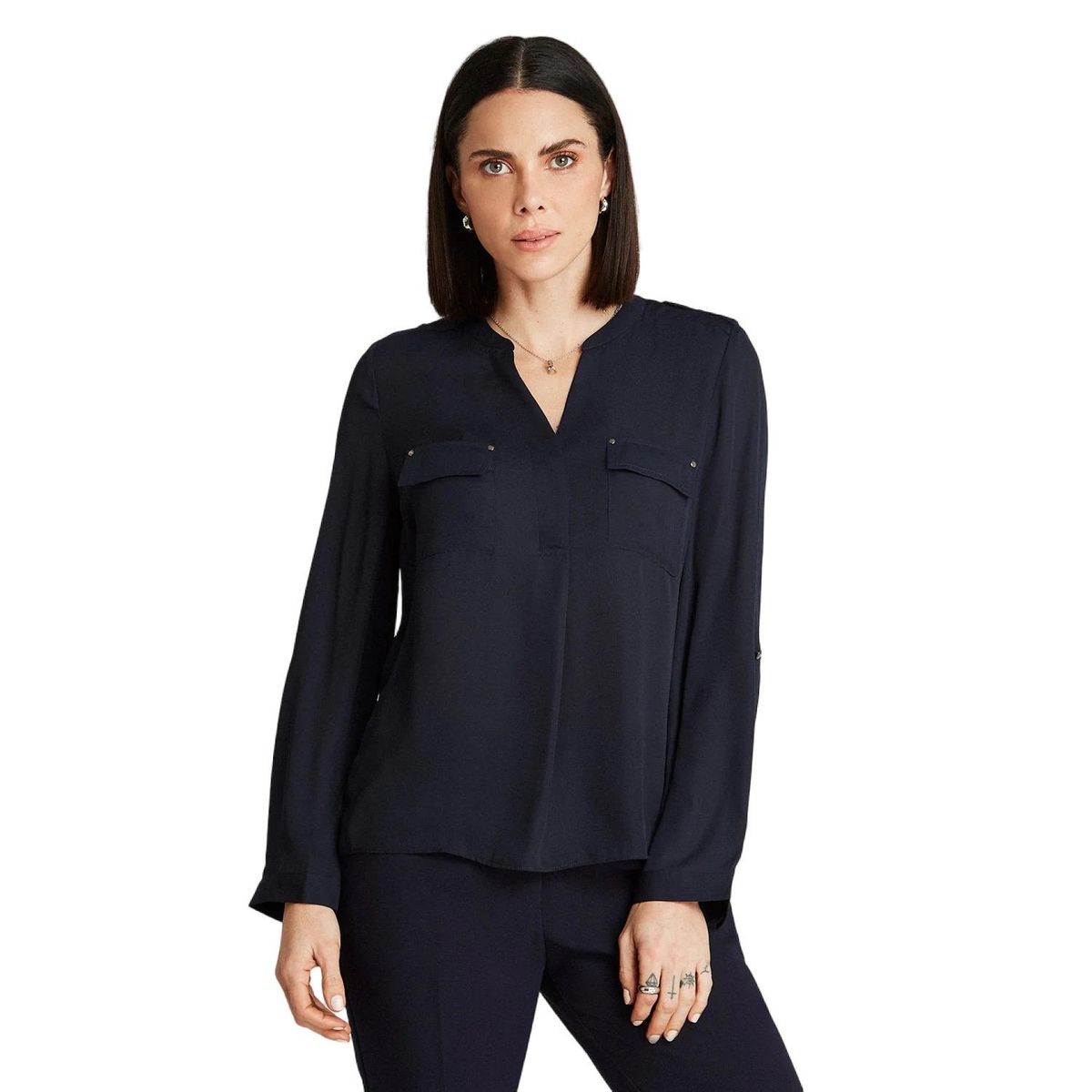 LORENZO DI PONTTI - Blusa Azul Manga Larga Cuello Mao