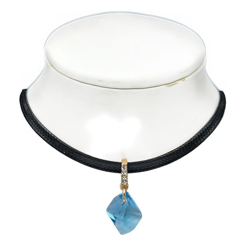 GENERICO - Collar Dama Cuero Cristal Celeste Mas Caja Regalo Baño Oro