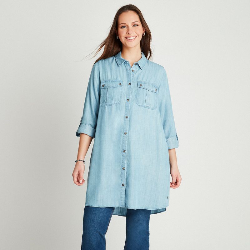 CURVI - Blusón Celeste Lyocell Denim Manga Roll Up CURVI