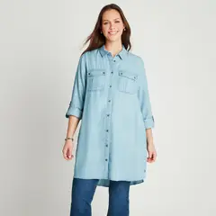 CURVI - Blusón Celeste Lyocell Denim Manga Roll Up