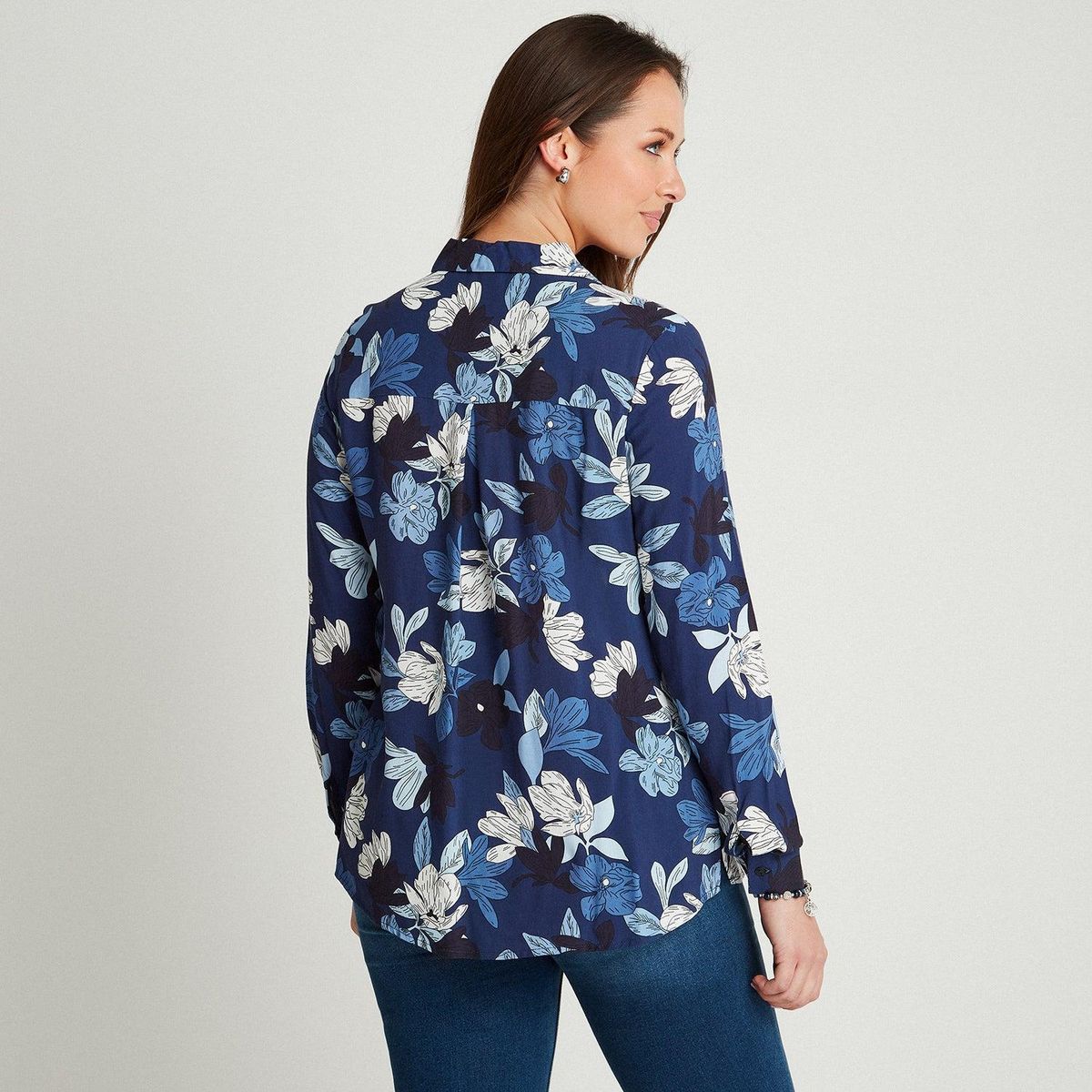 CURVI - Blusa Índigo Manga Larga Estampado Cuello Camisero