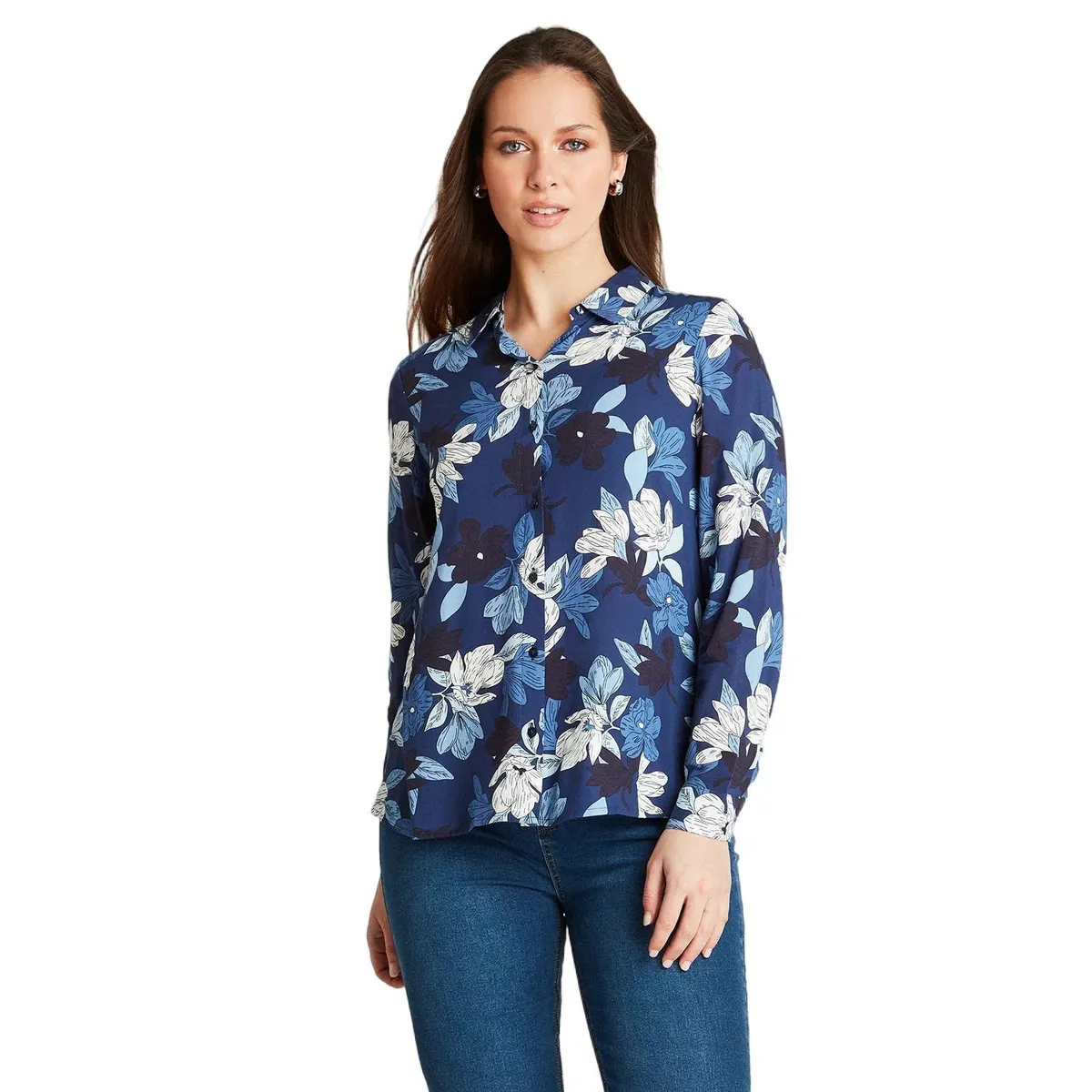 CURVI - Blusa Índigo Manga Larga Estampado Cuello Camisero