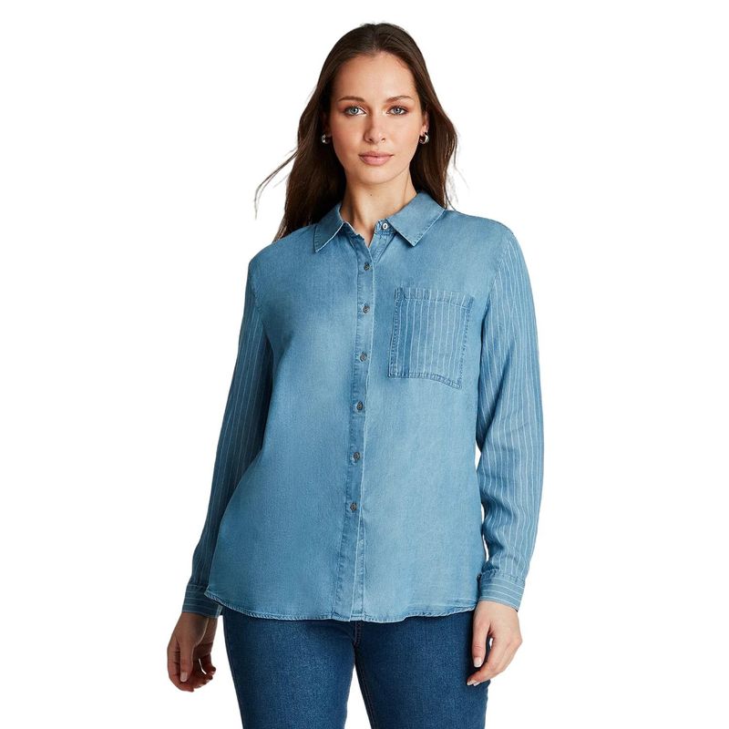 CURVI - Blusa Azul Medio Manga Larga con Cuello Camisero