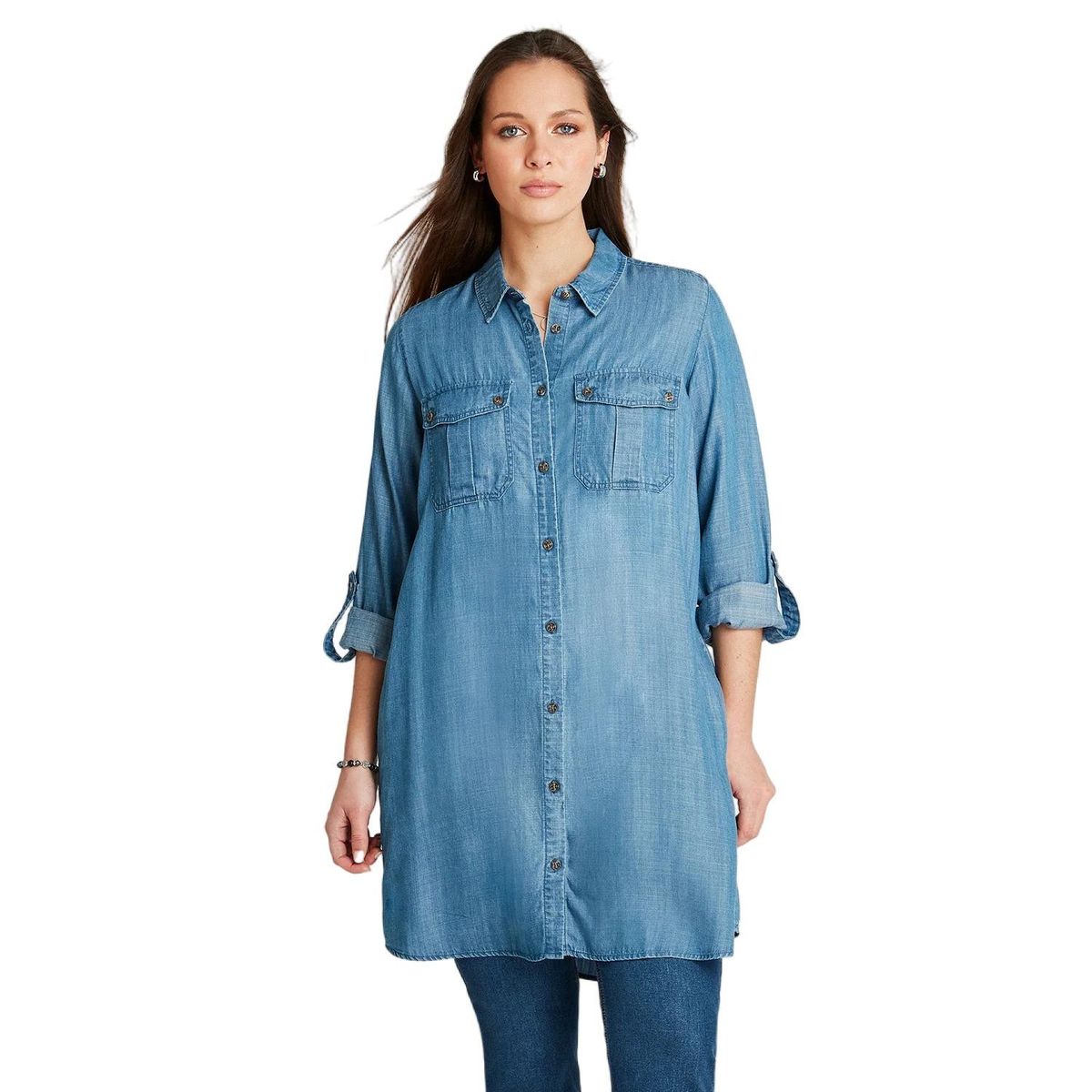 CURVI - Blusa Azul Medio Manga Larga Cuello Camisero