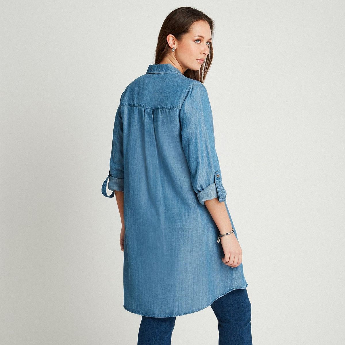 CURVI - Blusa Azul Medio Manga Larga Cuello Camisero