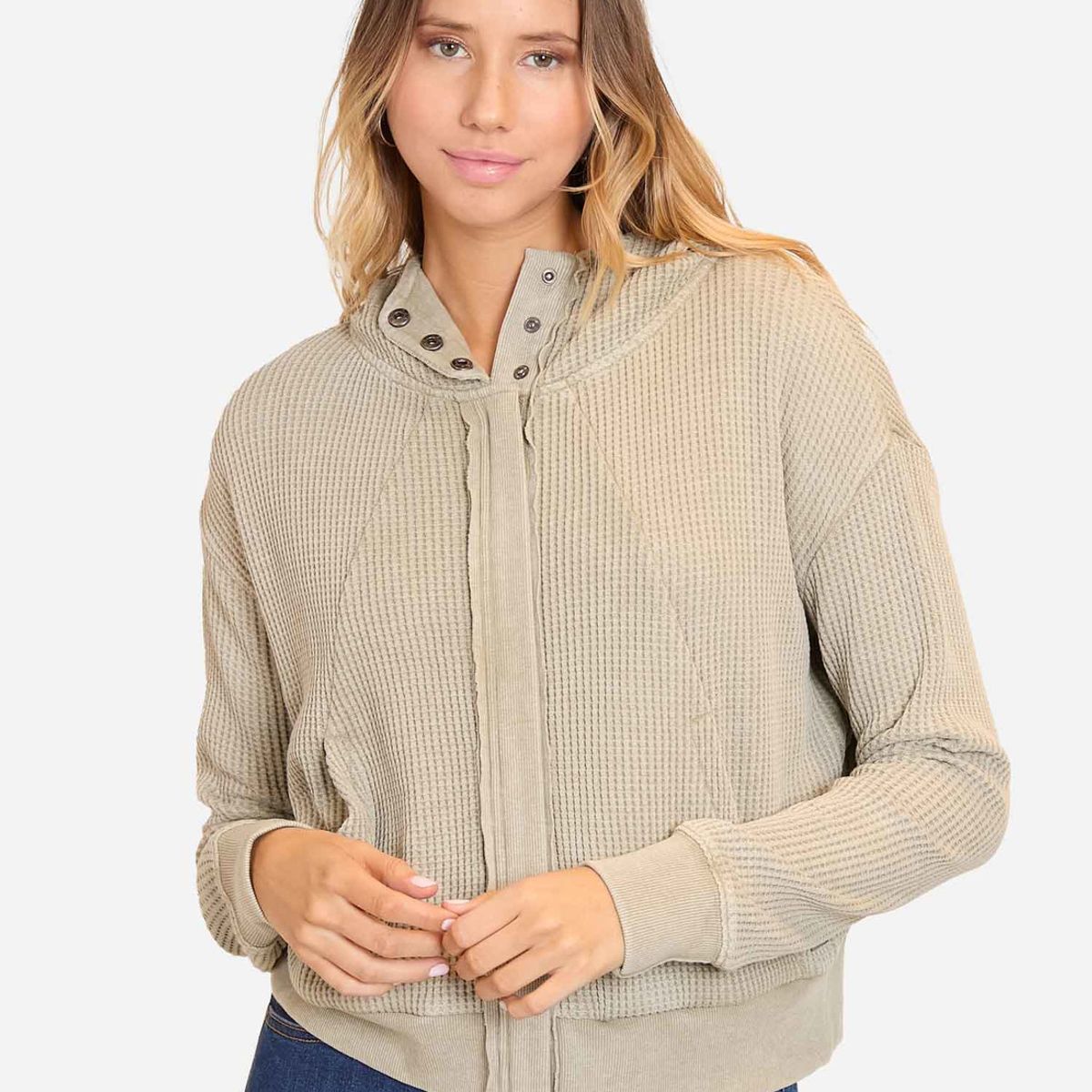 MAUI AND SONS - Poleron Waffle Crew Neck Full Verde Mujer Maui And Sons