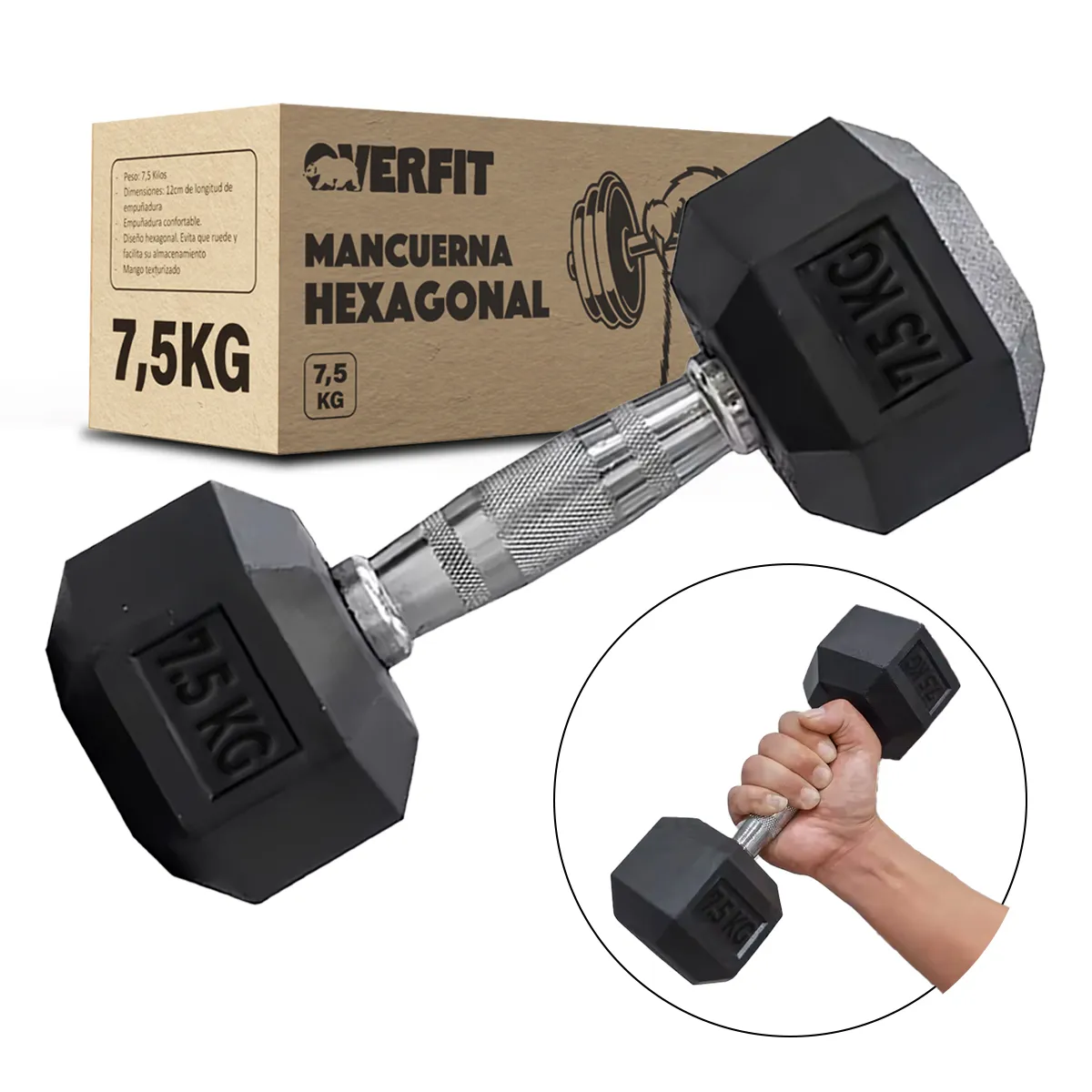 OVERFIT - Mancuerna Hexagonal 7.5Kg Acero y Caucho Overfit