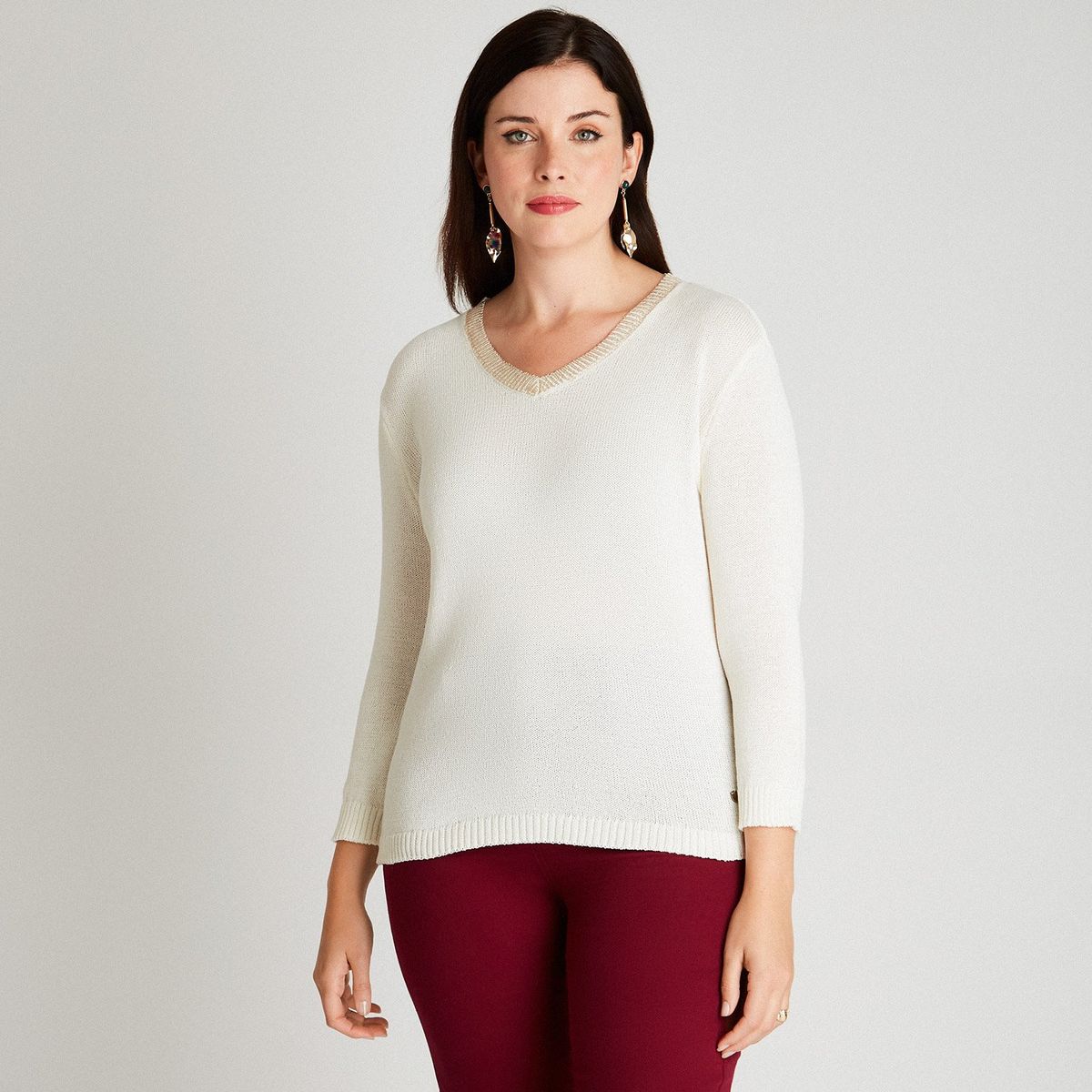 CURVI - Sweater Crudo Manga Larga Cuello V CURVI