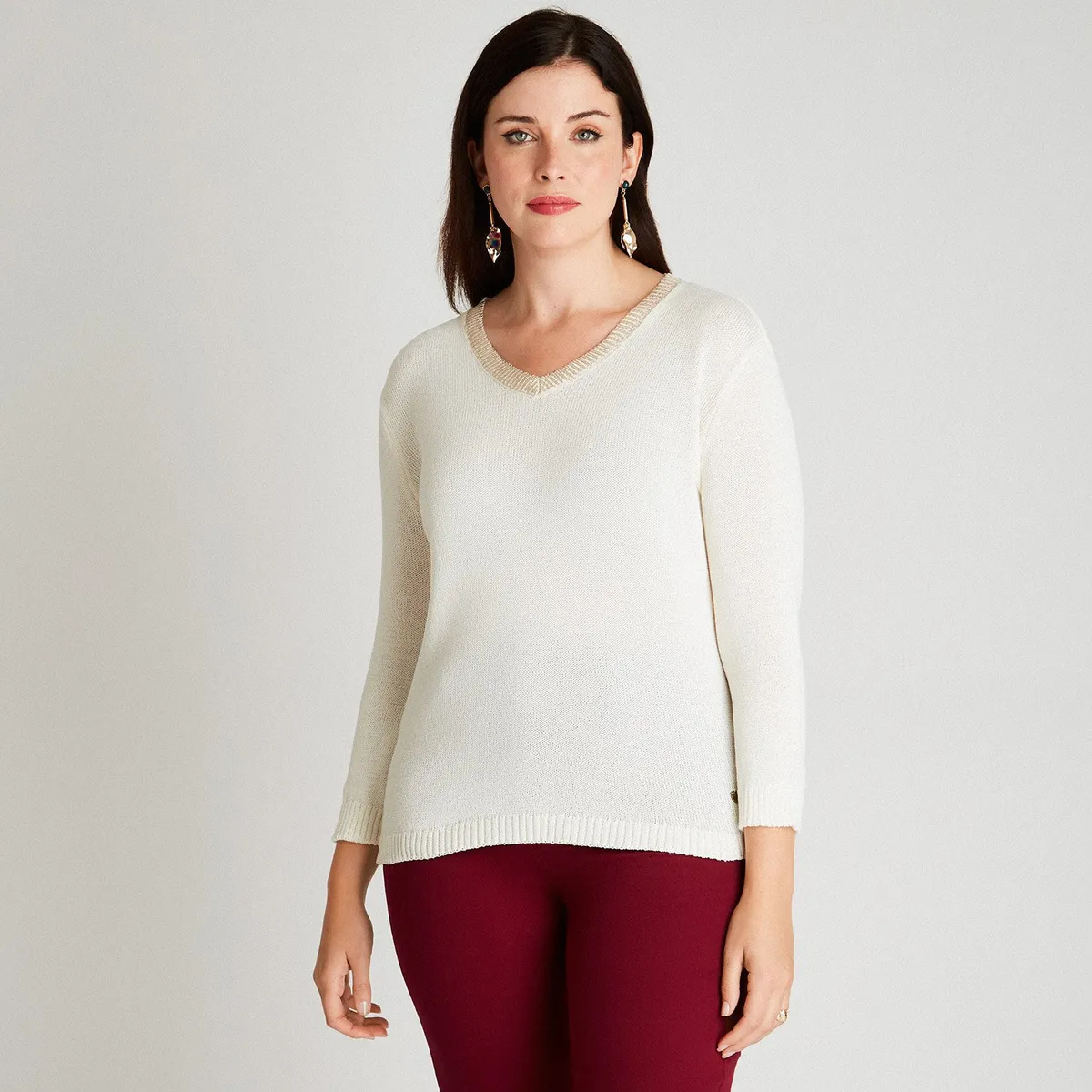 CURVI - Sweater Crudo Manga Larga Cuello V CURVI