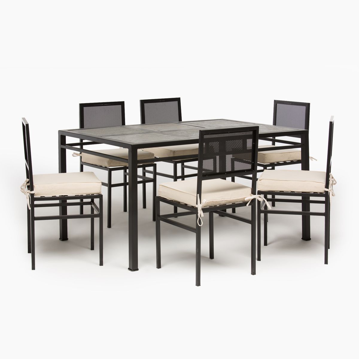 MUEBLES Y TERRAZAS - Comedor 6 personas 6 sillas cuadradas malla, cubierta 6 piedra pizarra