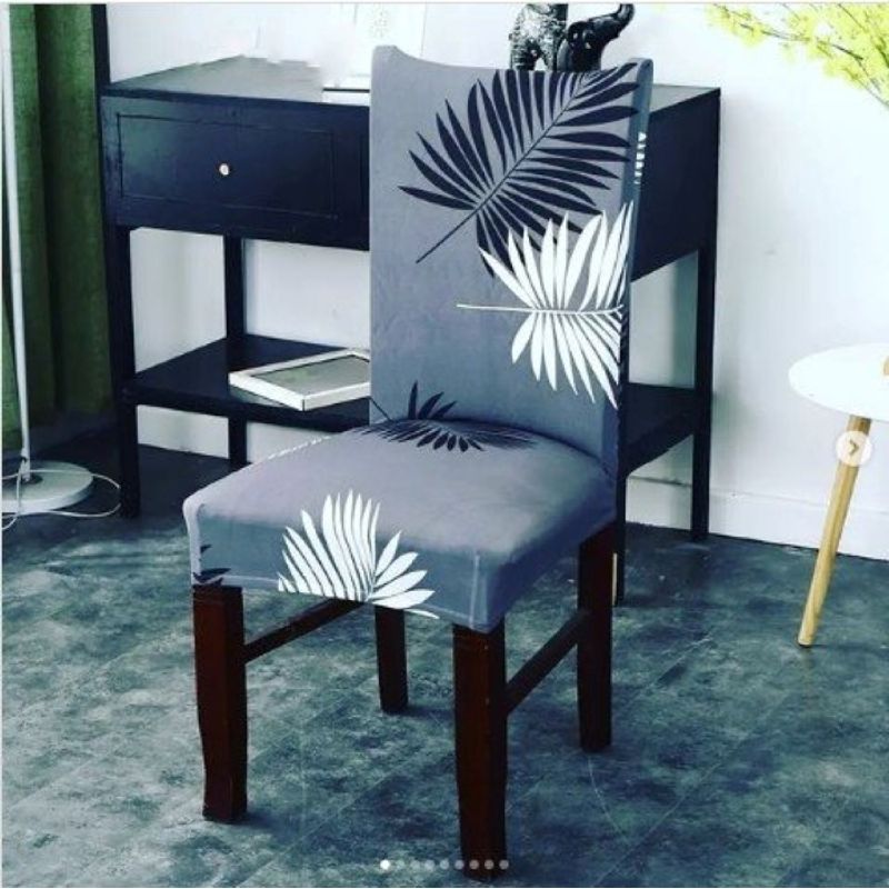 GENERICO - FUNDA ELASTICADA PARA SILLA CON DISEÑO PLUMAS GRIS SET DE 6 WYM