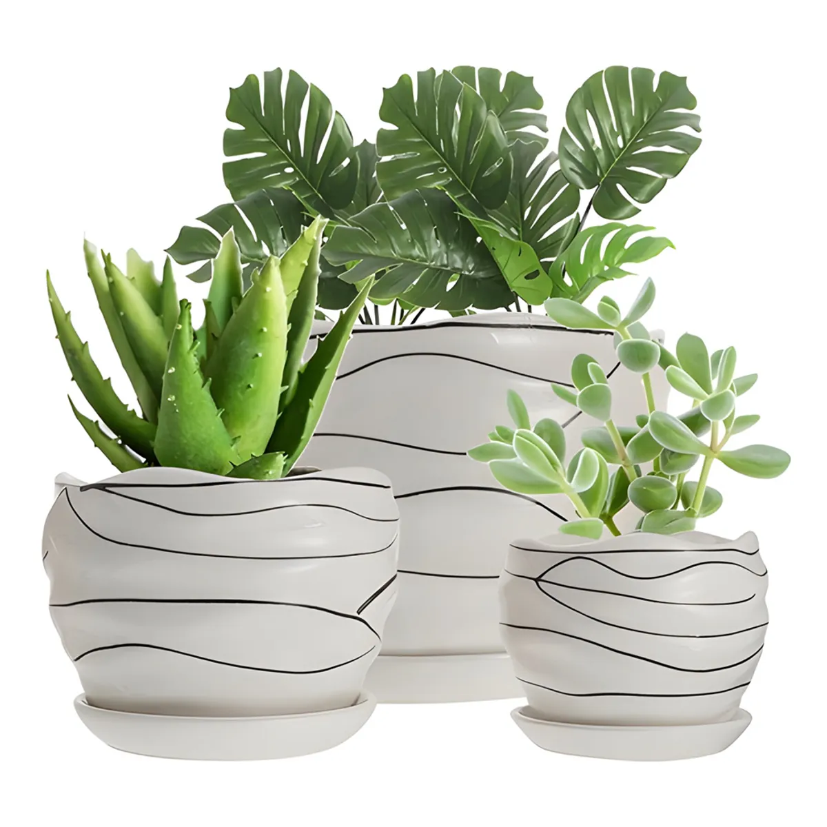 GENERICO - Set De Tres Maceteros Blancos Redondos Con Líneas Negras