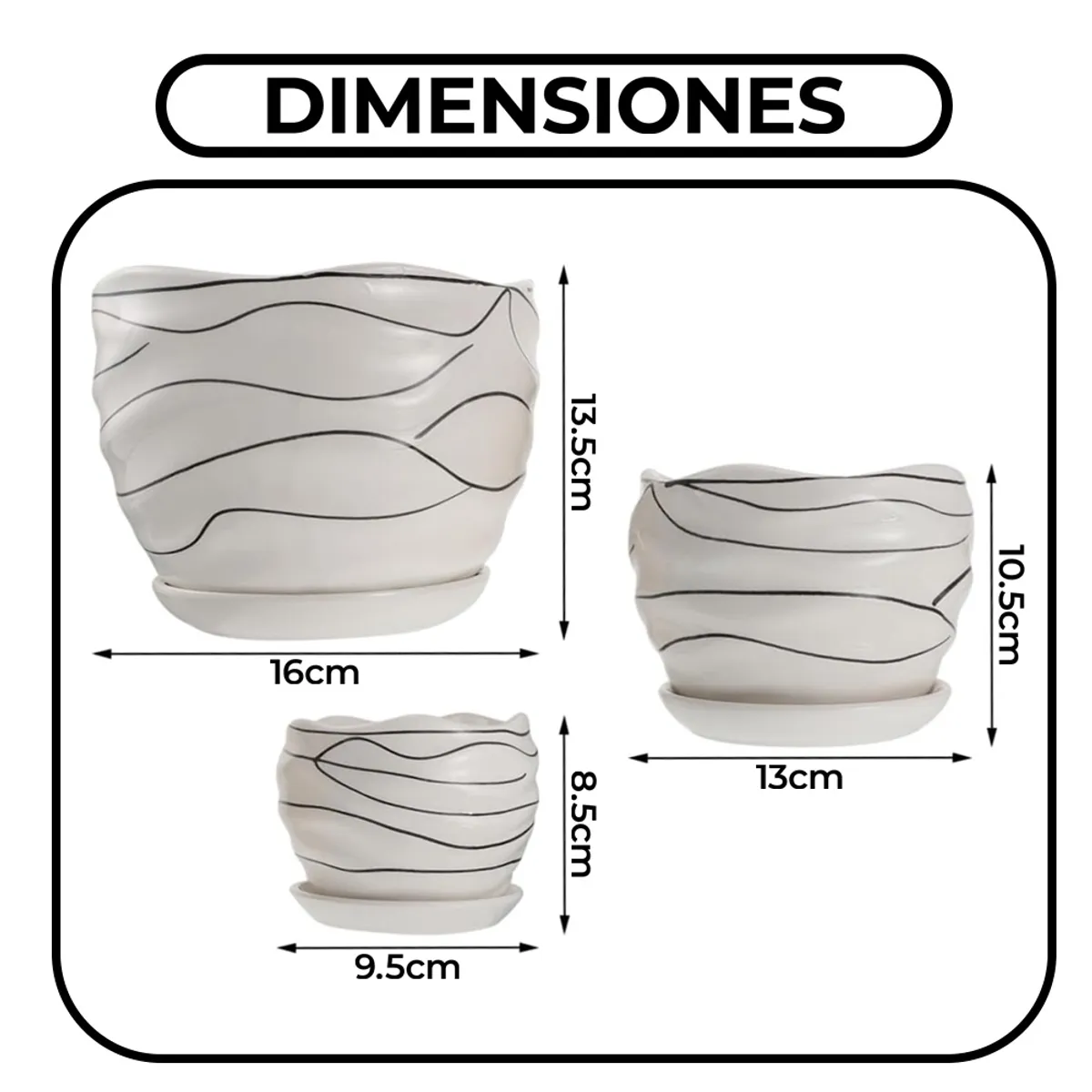 GENERICO - Set De Tres Maceteros Blancos Redondos Con Líneas Negras