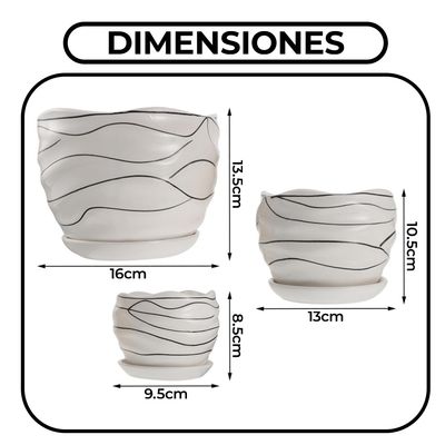 Imagen 2 del producto Set De Tres Maceteros Blancos Redondos Con Líneas Negras