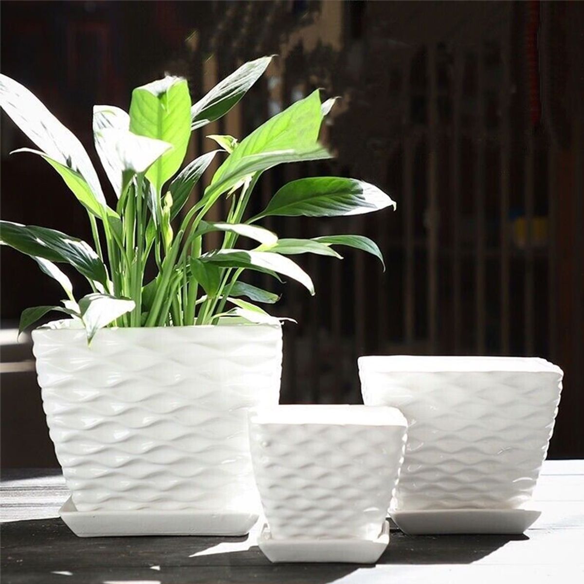 GENERICO - Set De Tres Maceteros Blancos Cuadrados Con Líneas Curvas