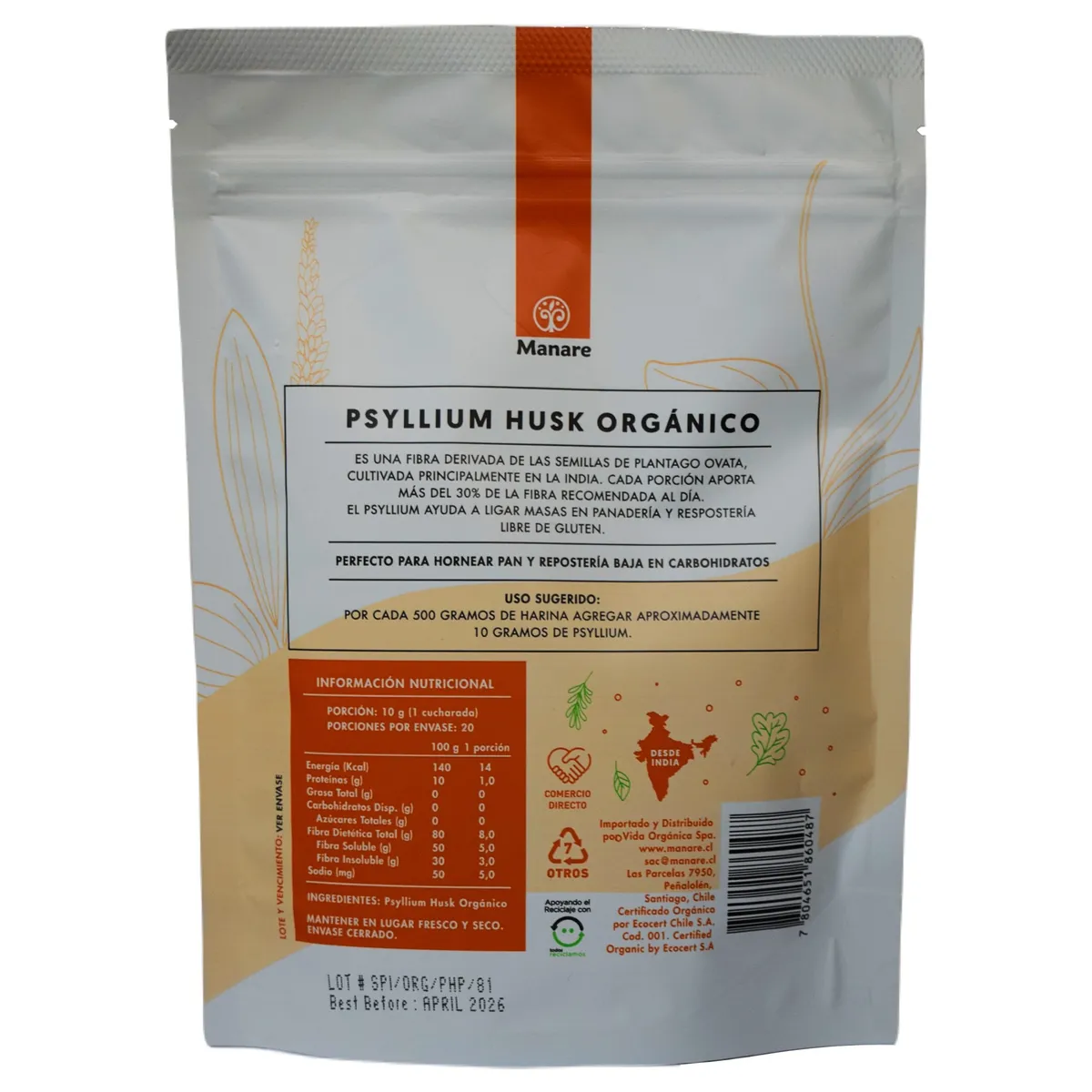 MANARE - Psyllium Husk Orgánico Manare 200gr En Polvo Fibra Tránsito