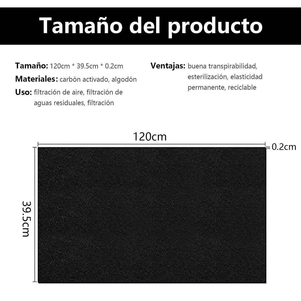 DEKANO - Filtro De Fibra De Carbón Activado Algodón 2 Hojas 39.5*120 Cm