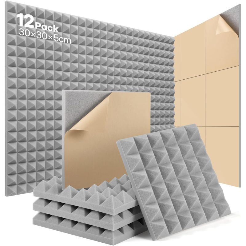 KUANGYE - Pack X12 Espuma Panel Acústico Piramidal AutoAdhesivo Gris