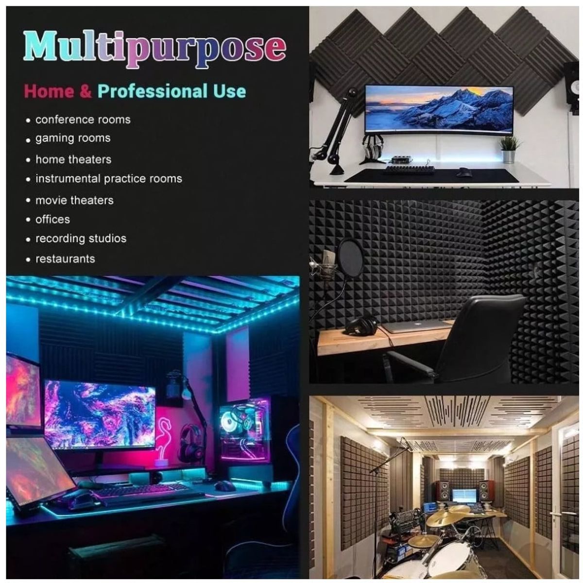 KUANGYE - Pack X12 Espuma Panel Acústico Piramidal AutoAdhesivo Gris