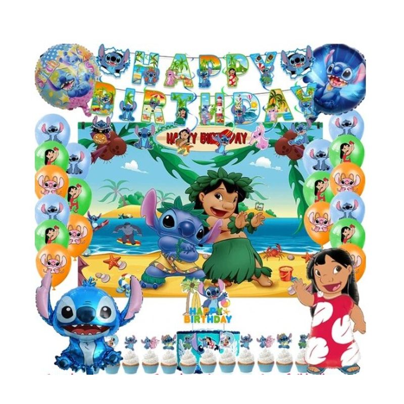 GENERICO - Set Decoración Globos + telón lilo y Stich cumpleaños
