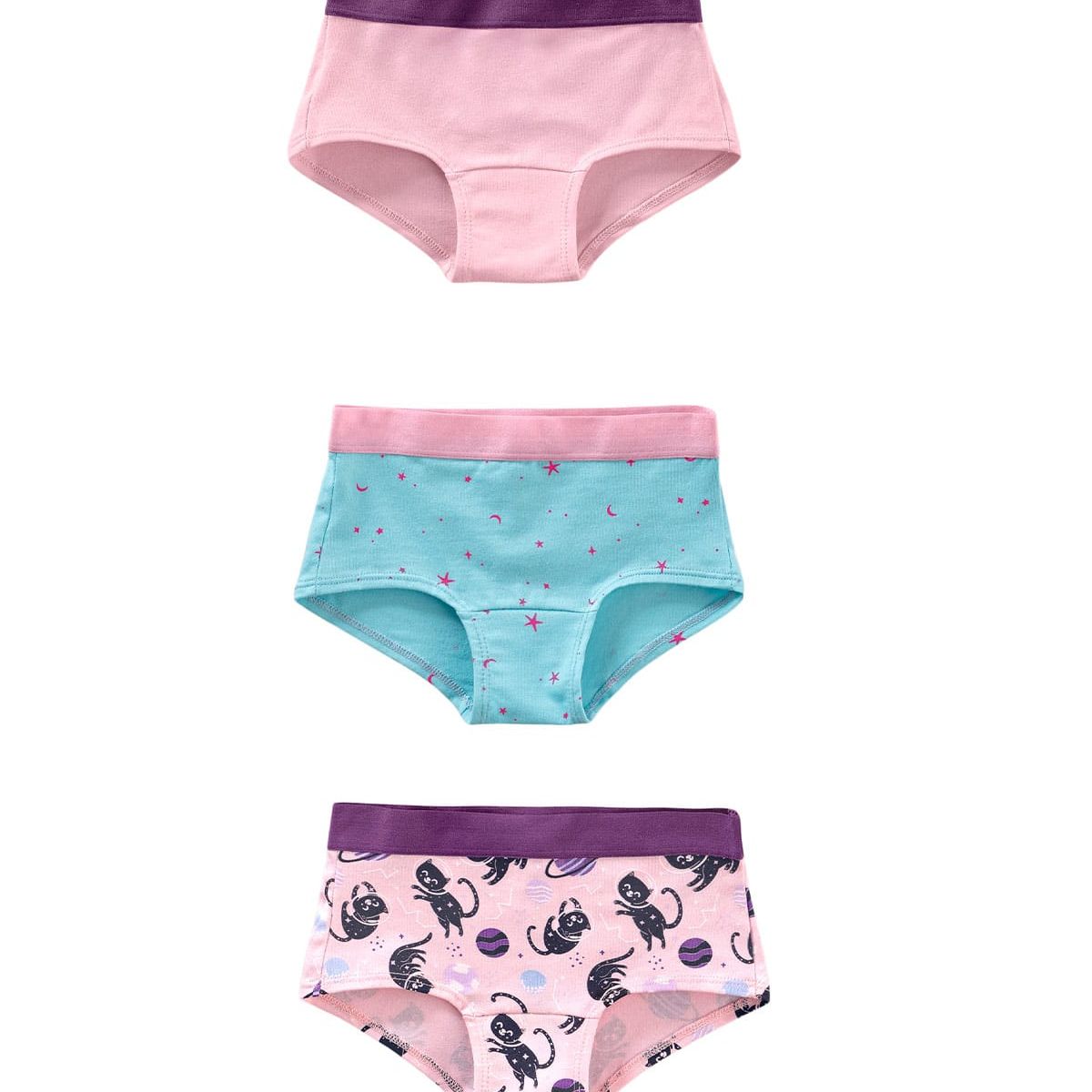 LEONISA - Pack x 3 calzones tipo pantaleta en algodón suave para niña 62301X3 Rosado / Gatos / Azul