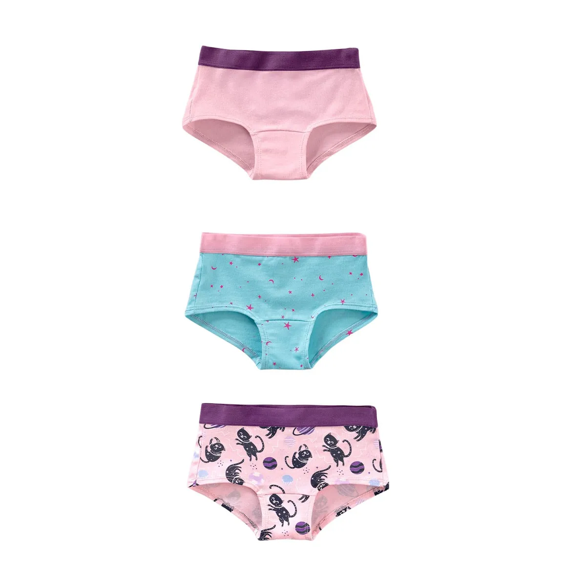 LEONISA - Pack x 3 calzones tipo pantaleta en algodón suave para niña 62301X3 Rosado / Gatos / Azul