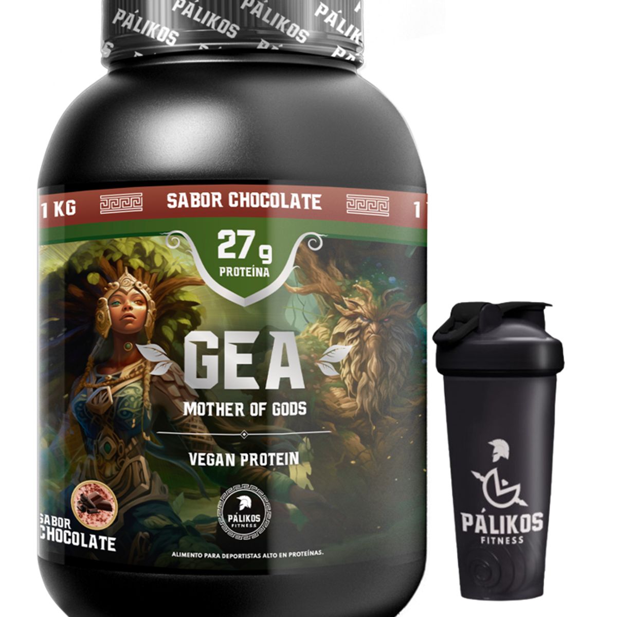 PALIKOS FITNESS - Proteína Vegana 1kg  Sabor Chocolate Gea + Shaker Palikos Fitness