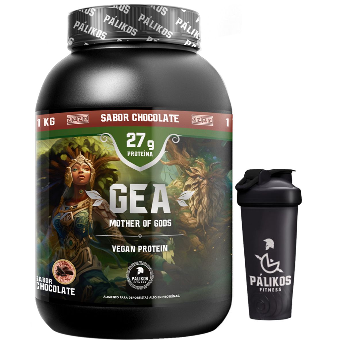 PALIKOS FITNESS - Proteína Vegana 1kg  Sabor Chocolate Gea + Shaker Palikos Fitness
