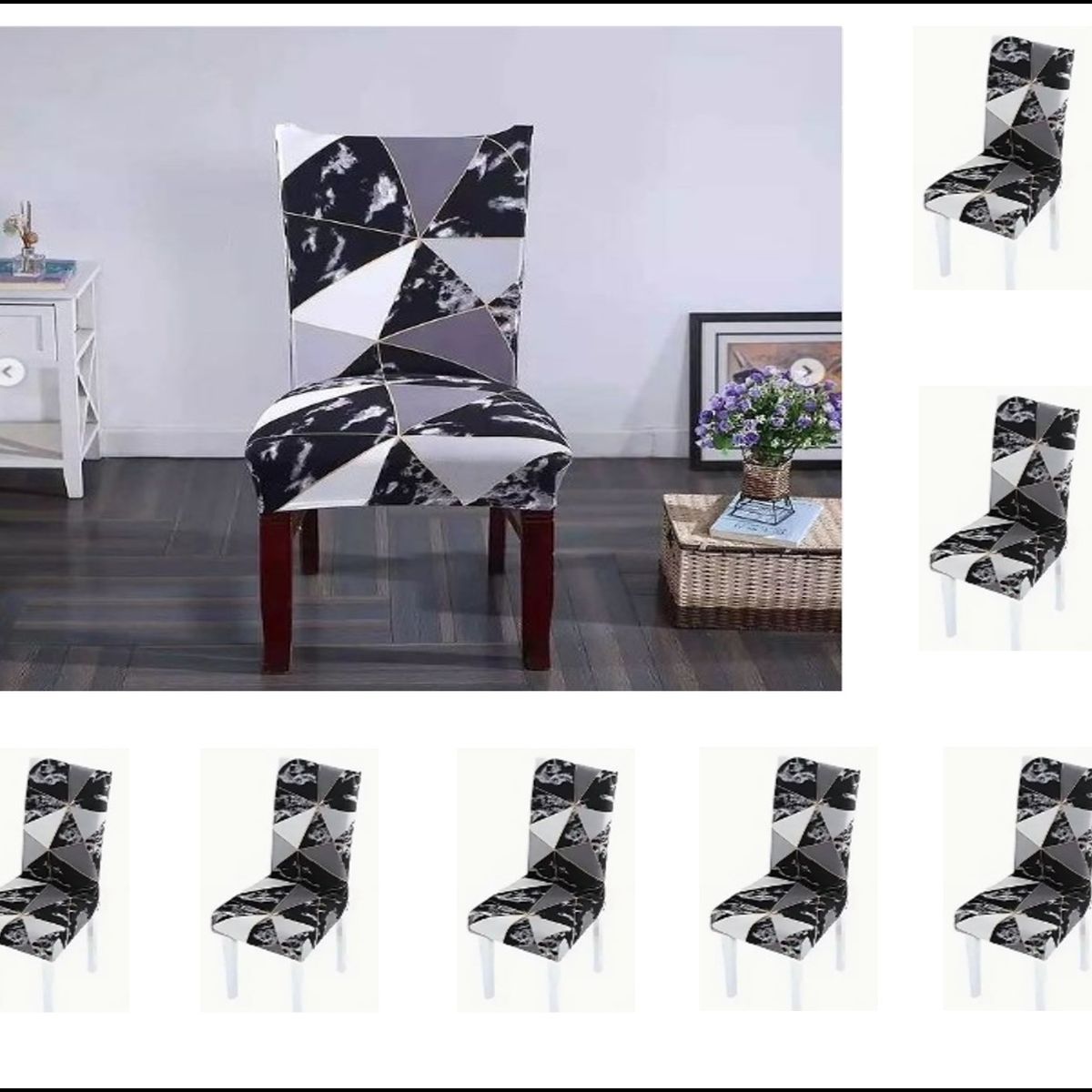 GENERICO - FUNDA ELASTICADA PARA SILLA CON DISEÑO TRIANGULO NEGRO SET DE 8 WYM