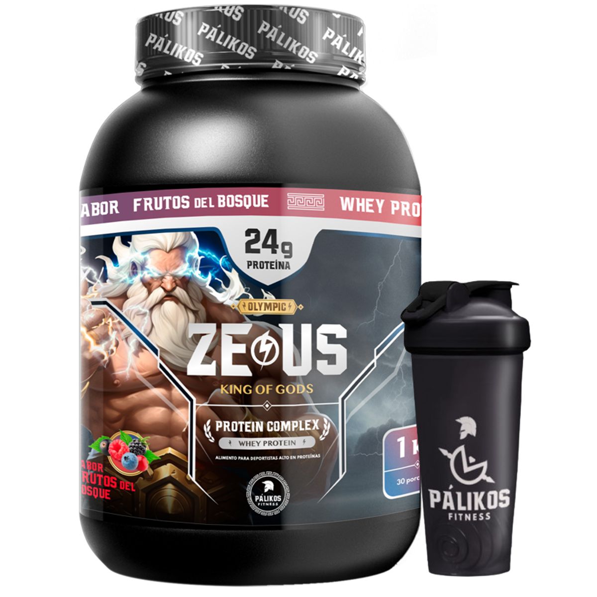 PALIKOS FITNESS - Proteina 1kg Whey Complex / Sabor Frutos bosque/ 30 servicios + Shaker