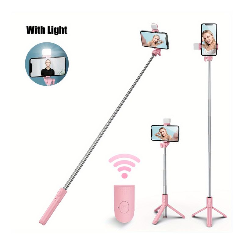 GENERICO - Palo Selfie Tripode 1m De Celular Android IOS Bluetooth LED Rosa