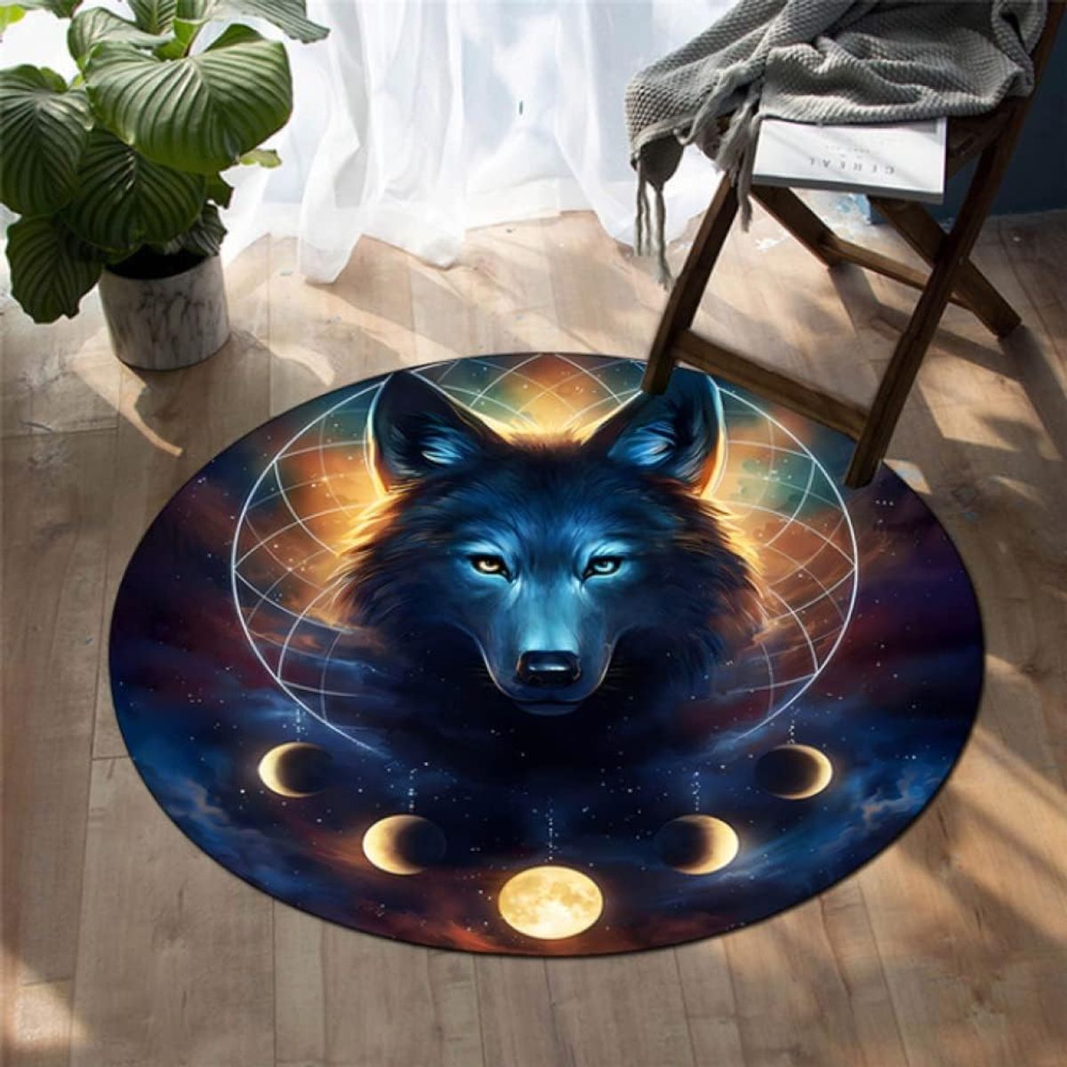 GENERICO - ALFOMBRA REDONDA DISEÑO 3D LOBO NEGRO 160X160 ANTIDESLIZANTE WYN