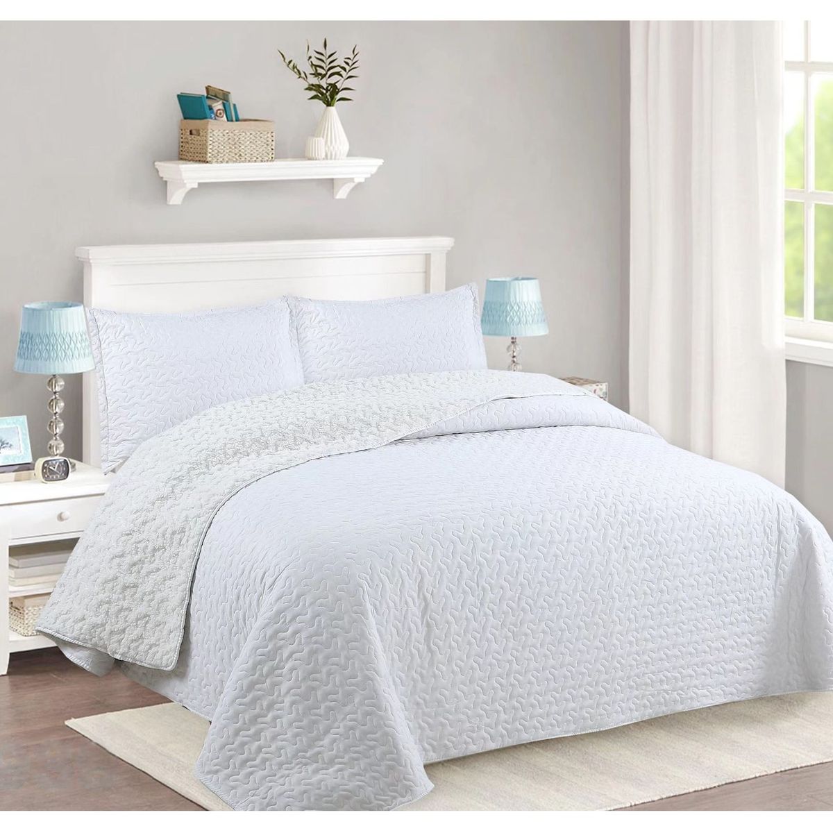 COMPRAPO - Cubrecama Quilt Sherpa 2 Plazas Blanco + 2 Fundas 50x70 Cm