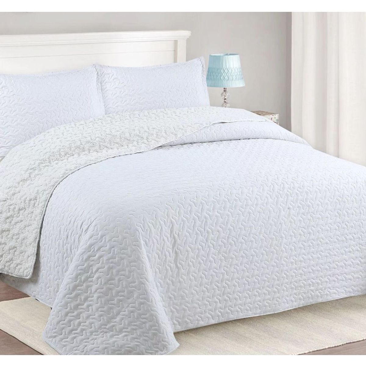 COMPRAPO - Cubrecama Quilt Sherpa 2 Plazas Blanco + 2 Fundas 50x70 Cm