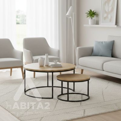 Imagen 2 del producto Set 2 mesas de centro redondas tipo nido madera base metal negra