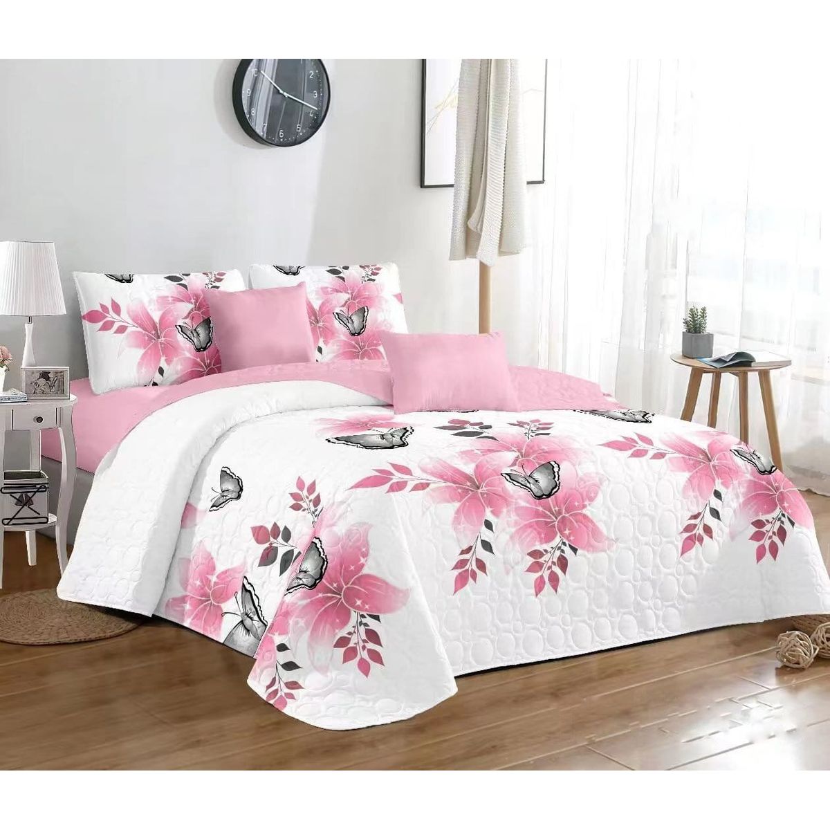 GENERICO - CUBRECAMA DE VERANO QUILT CON DISEÑO FLORES ROSA 2 PLAZA