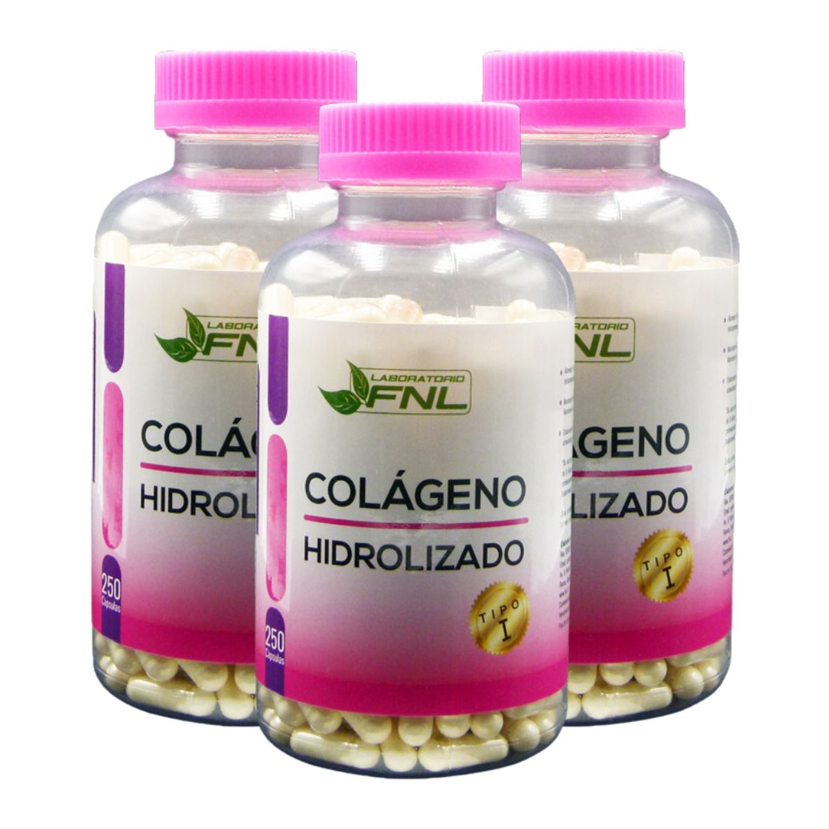 FNL - Colágeno Hidrolizado 350mg 750 Cápsulas 3 Frascos x 250 Caps FNL