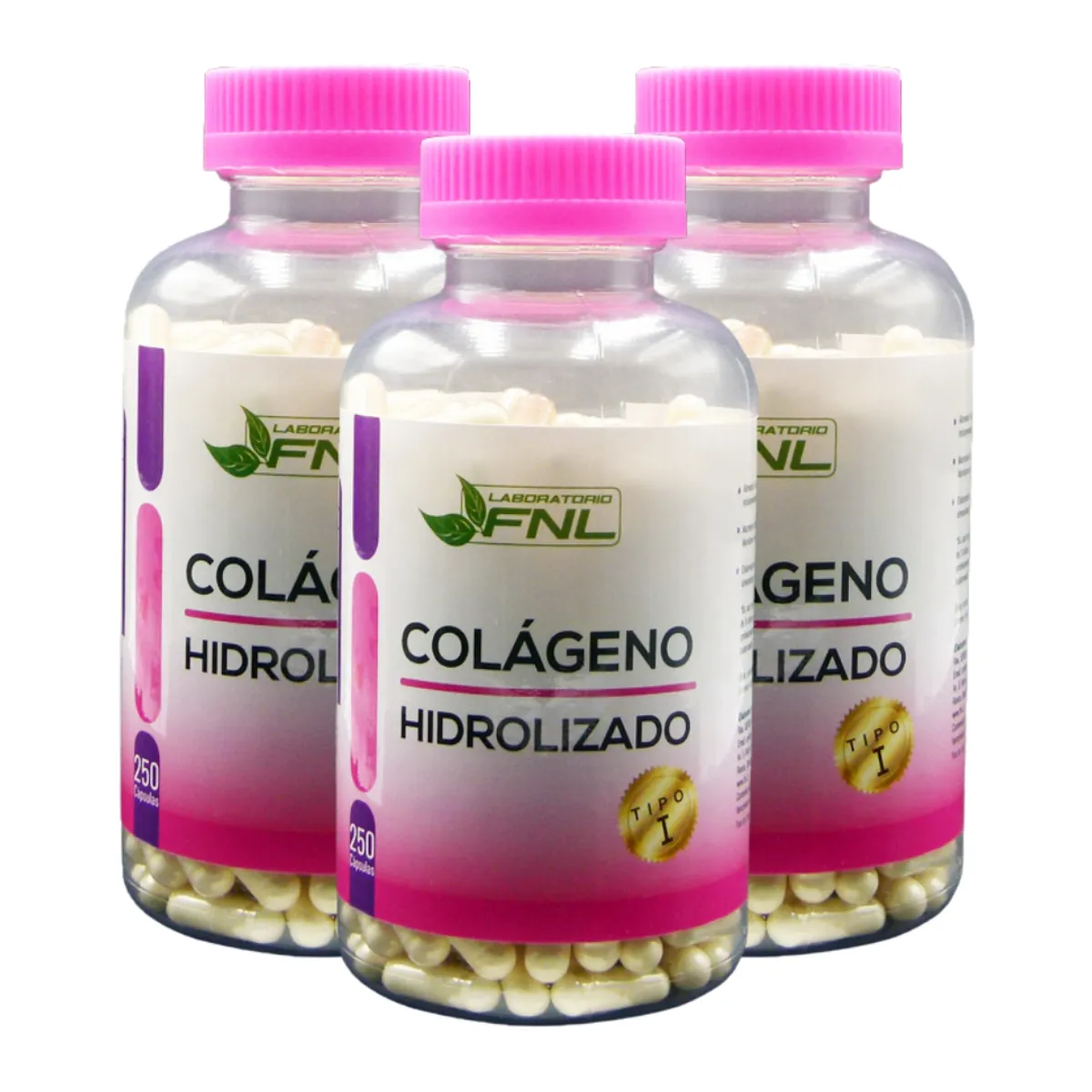 FNL - Colágeno Hidrolizado 350mg 750 Cápsulas 3 Frascos x 250 Caps FNL