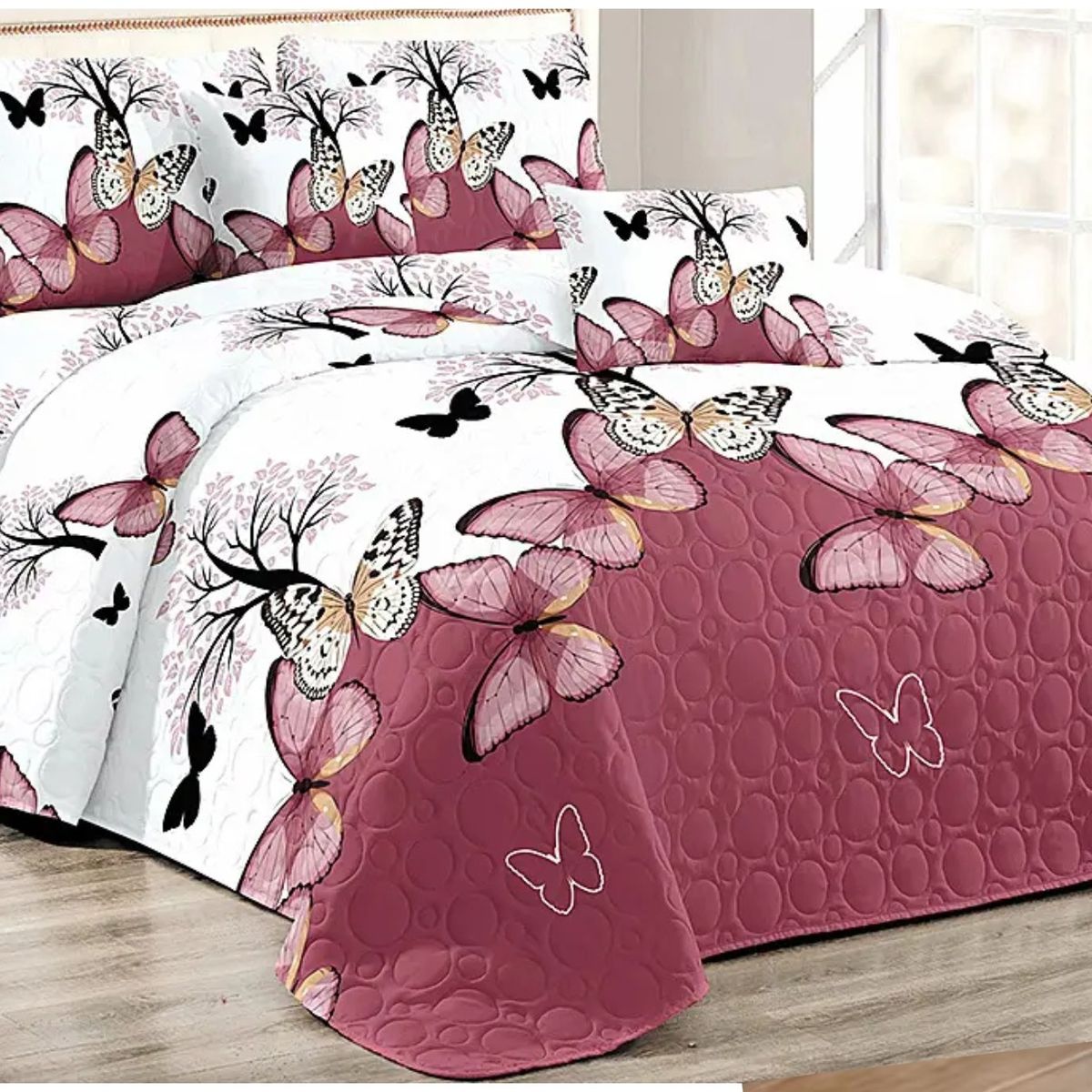 GENERICO - CUBRECAMA DE VERANO QUILT CON DISEÑO MARIPOSA ROSA KING