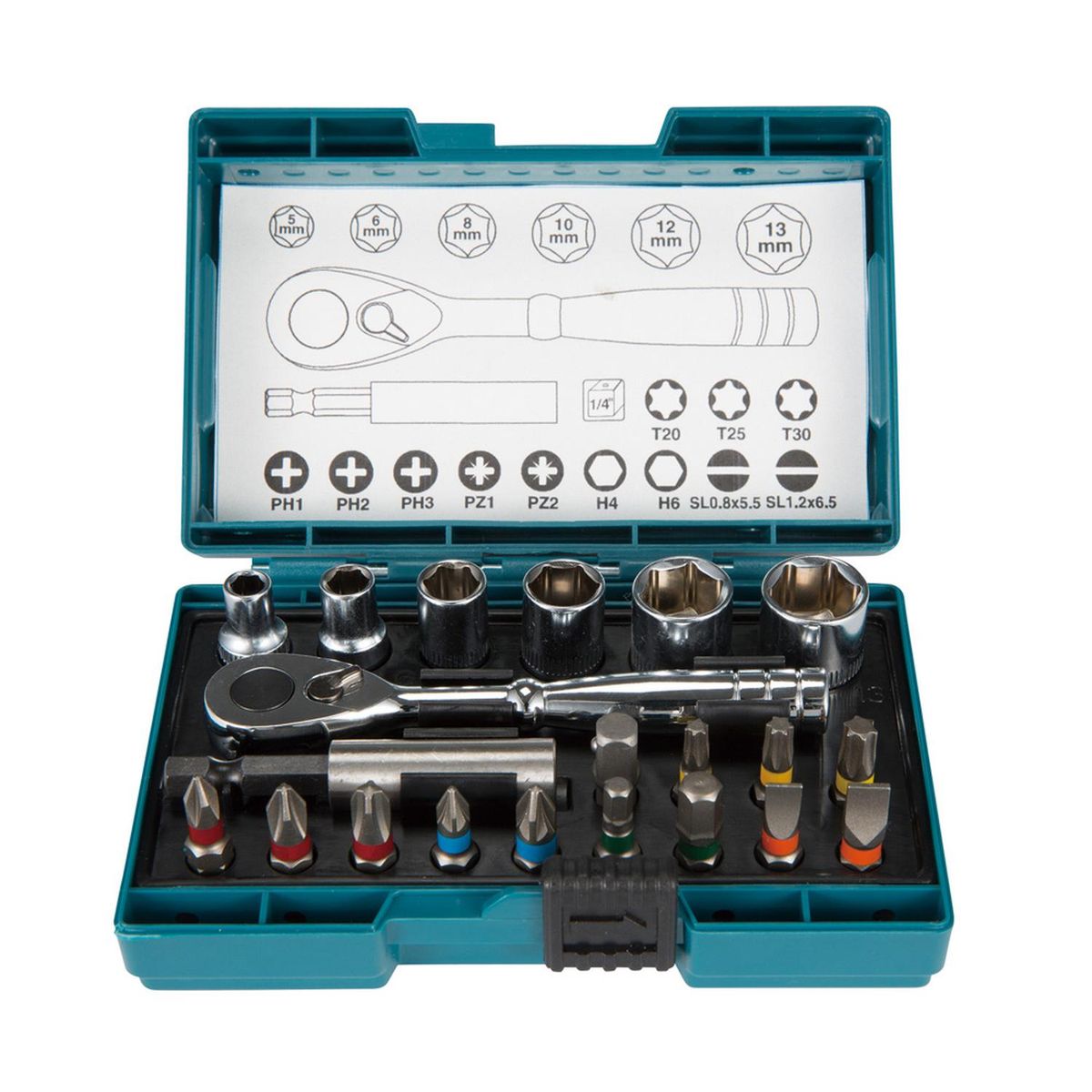 MAKITA - Set Puntas y Dados Cuadrante 1/4'' 21 PZAS - Makita